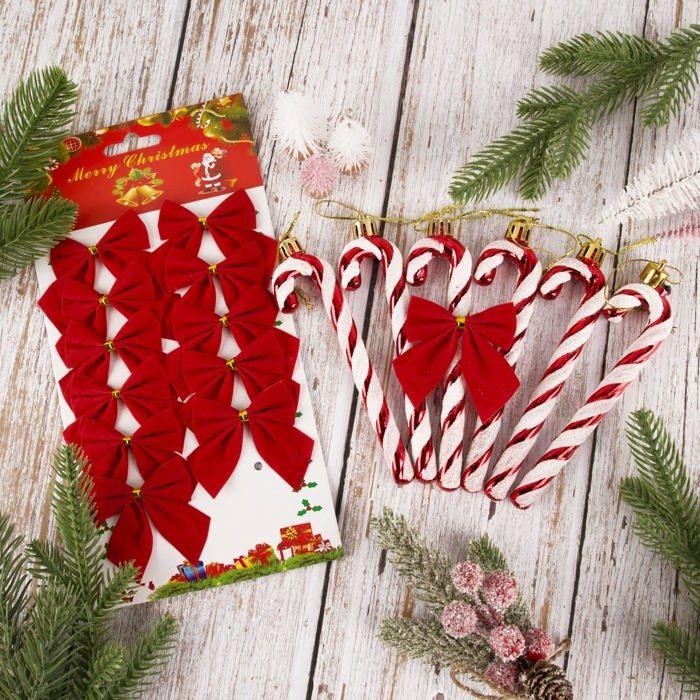 Colofalla - WET00594 - 6PCS Cannes De Bonbons Avec 12PCS Noeuds De Ruban Rouge Decorations Ornements De Sapin De Noel Cadeau