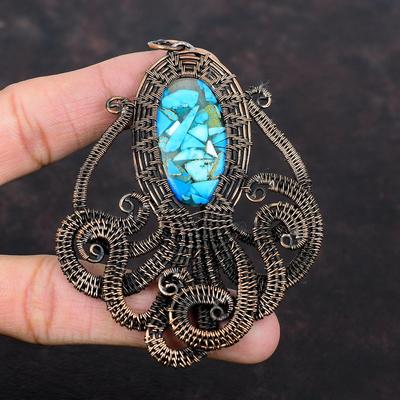 Kupfer Arizona Türkis Anhänger Kupferdraht umwickelter Edelsteinanhänger Kupfer Oktopus Schmuck Handgefertigter Anhänger Drahtumwickelter Schmuck zum Geschenk