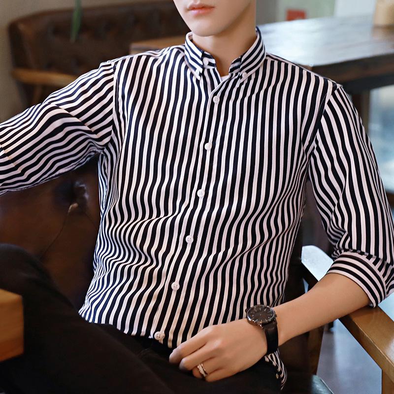 Men's Slim-Fit Striped Shirt: Japanese Style, Seven-Sleeve, Urban Casual for Spring and Autumn