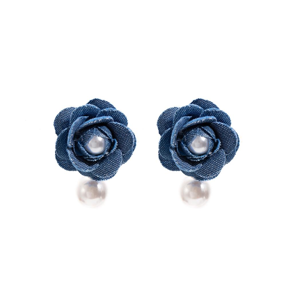 Unique Blue Denim Fabric Camellia Pearl Earrings Retro High-End Temperament Earrings Women
