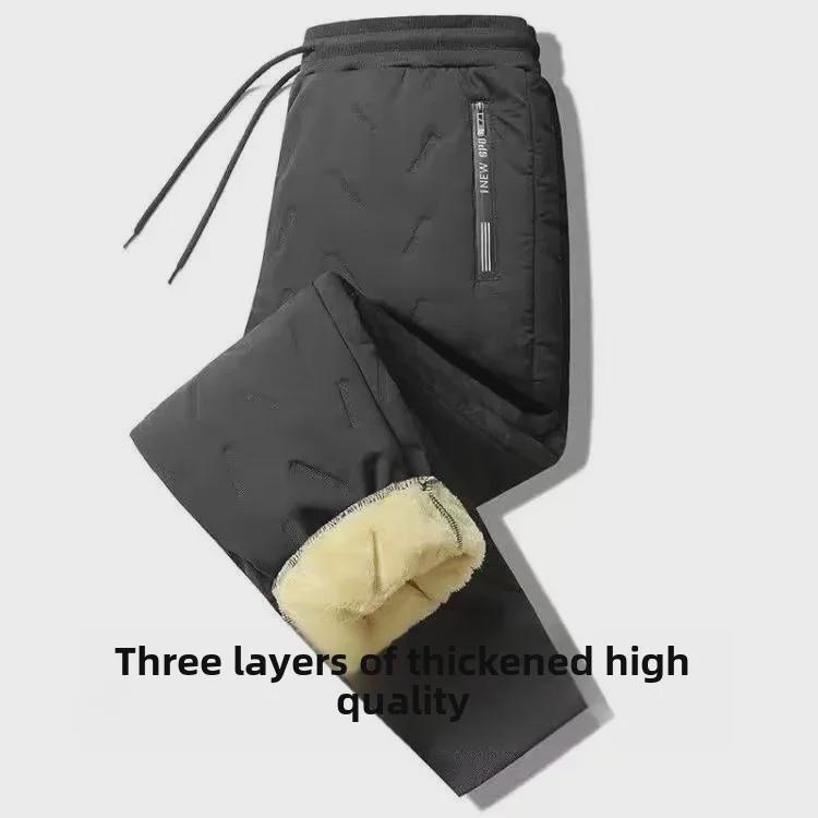 Men's Winter Windproof Waterproof Fleece-Lined Lambskin Pants with Drawstring Legs