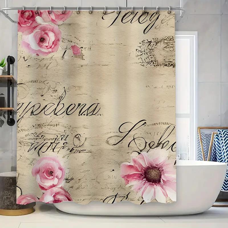 

Romantic Pink Rose Print Shower Curtain Decor With Lavender Flowers Design Perfect For Bathroom Accessories Home Decor (White) W60H190(CM)-1 Pcs