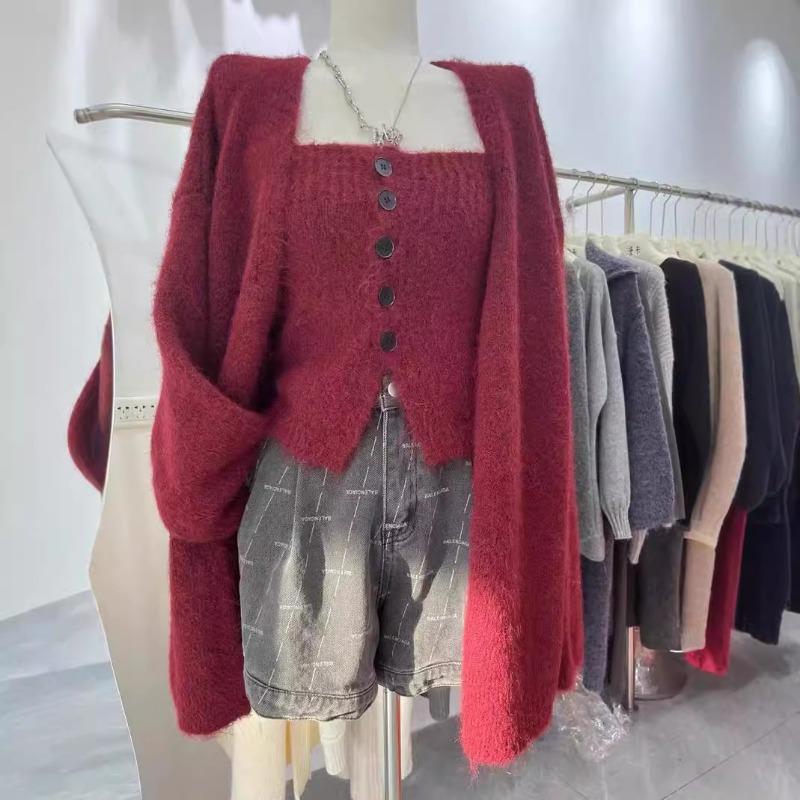 Temperament celebrity sweater set women's autumn and winter new loose tube top vest knitted sweater jacket two-piece set women