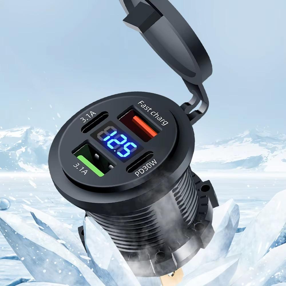 83W Car Charger Socket PD30W Fast Charging Dual USB+Type C Outlet Phone Power Adapter with Voltmeter for Motorcycle Truck Boat