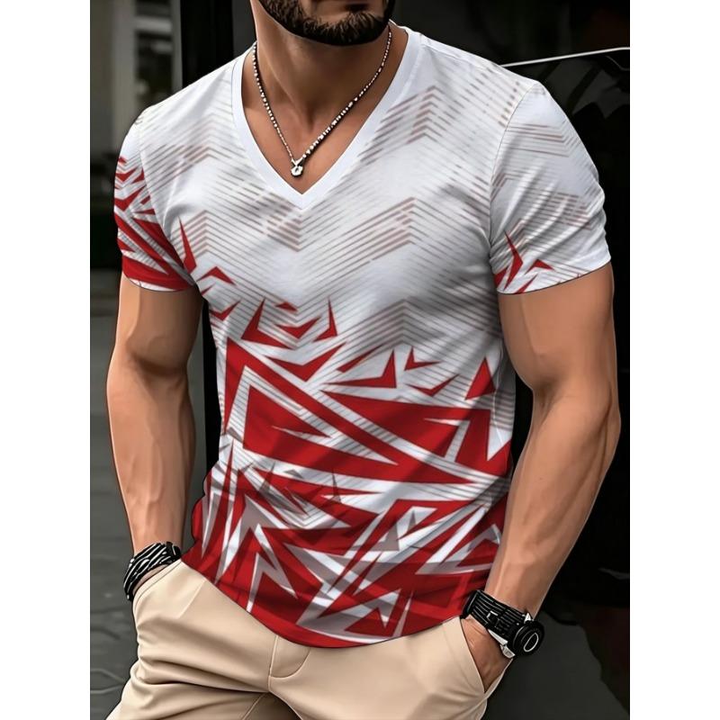 Men's V-Neck Short-Sleeve T-Shirt with Red & White Geometric Abstract Print - Breathable Suitable for Young Men, Casual & -Casual Wear