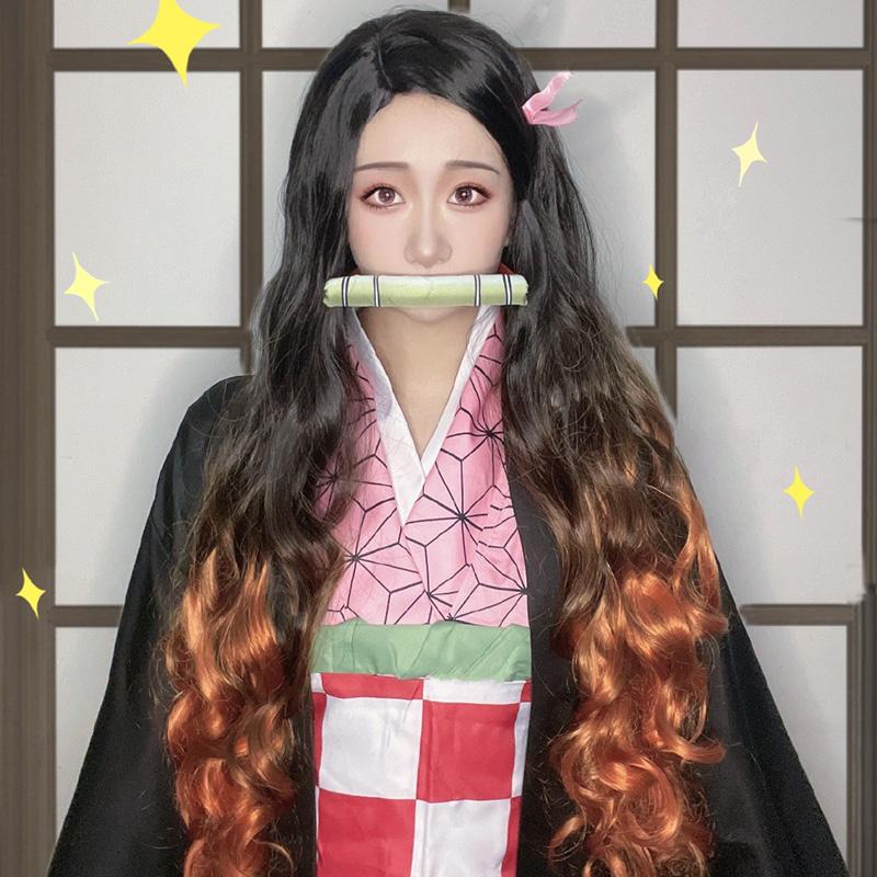 Anime Kamado Nezuko Cosplay Kostüm Cosplay Uniform Kleidung Kimono Perücke Requisiten Set Halloween Kostüm für Kinder Erwachsene