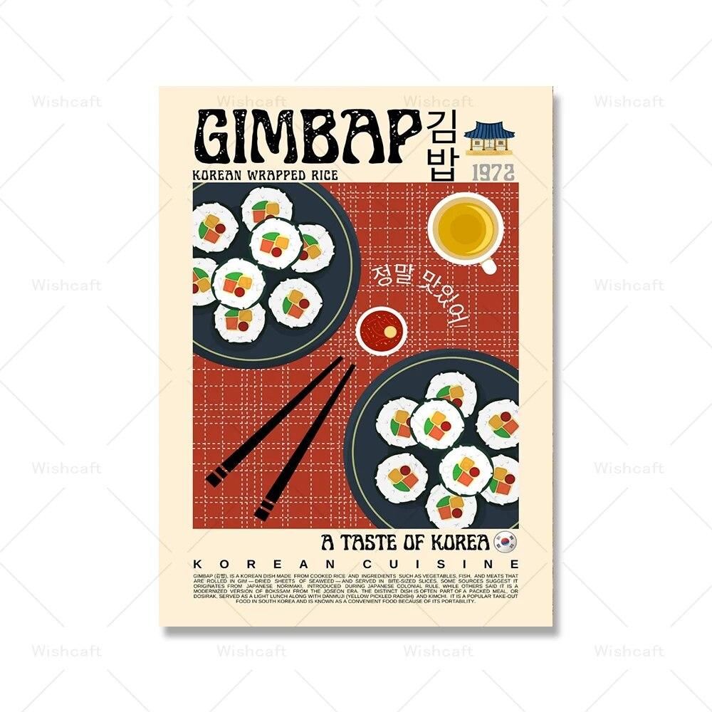 Gimbap Kimchi Bibimbap Poster Retro Style Korean Food Vintage Wall Art Pictures Cuisine Modern Kitchen Decor Prints Painting No Frame