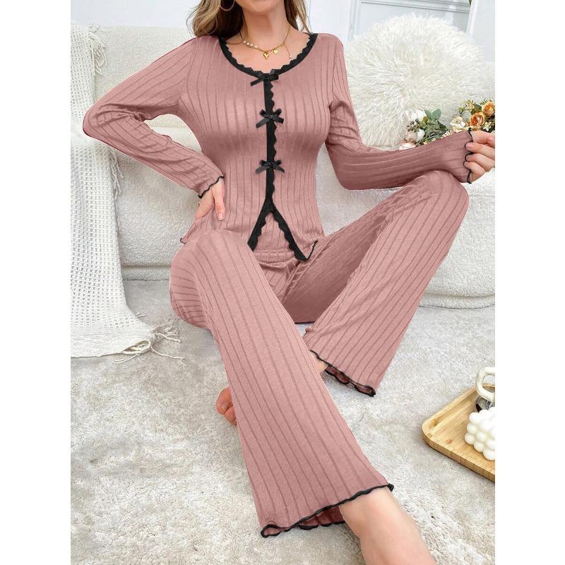 Podzimní a zimní pyžamový set dámské krajkové pyžamo s dlouhým rukávem a kalhotami dvoudílný set noční prádlo ležérní domácí oblečení