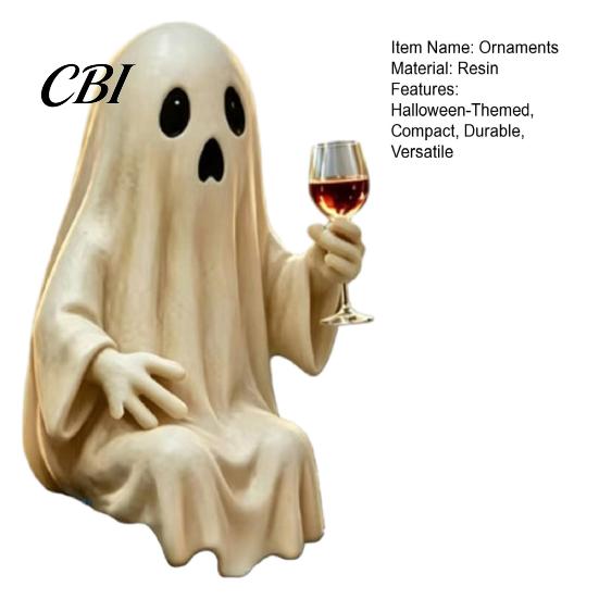 Halloween Bar Decor Piece Ghost Skeleton Figurine, Spooky Drunk Holding Wine Glass Resin Sculpture, Gothic Desk Unique Party for Bookshelf,