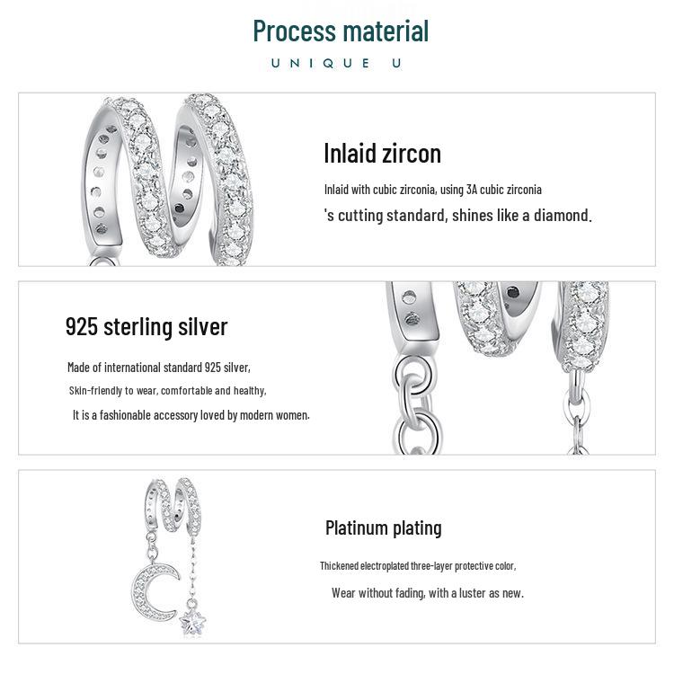 Avle S925 Sterling Silver Moonlight Bracelet with Platinum-Plated Star and Moon Beads