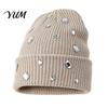 Music Festival Punk Style Cap Bling Rhinestone Knitted Hat, Street Knit Winter Sparkly Geometric Hat Warm Skull for Women Autumn Fashion Accessories