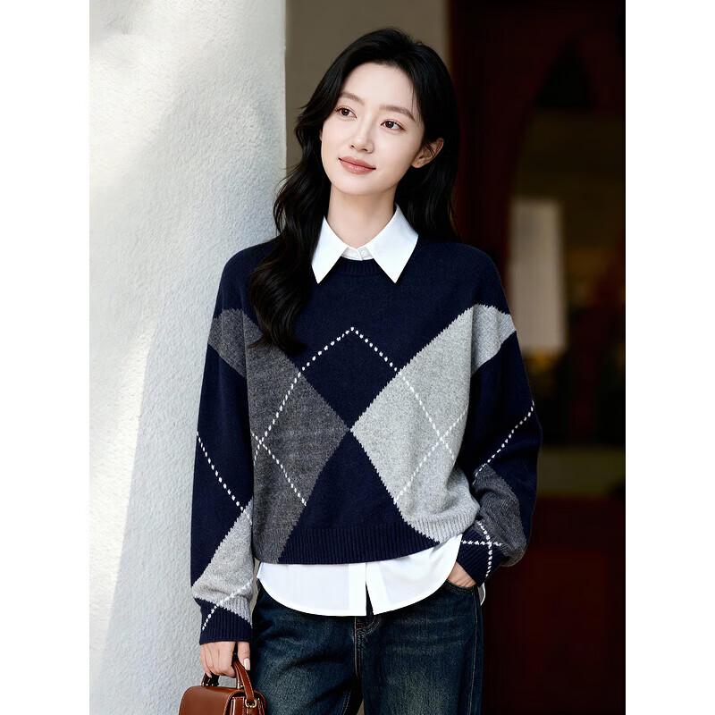 Damen Pullover Sweater 100% Wolle Retro Rautenmuster