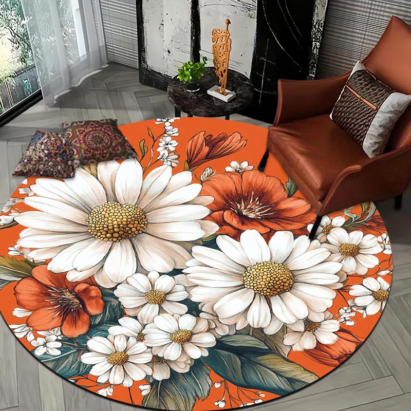 Daisy flower style Flannel-printed round floor mats are slip-resistant Suitable for living room bedroom terrace garden carpets