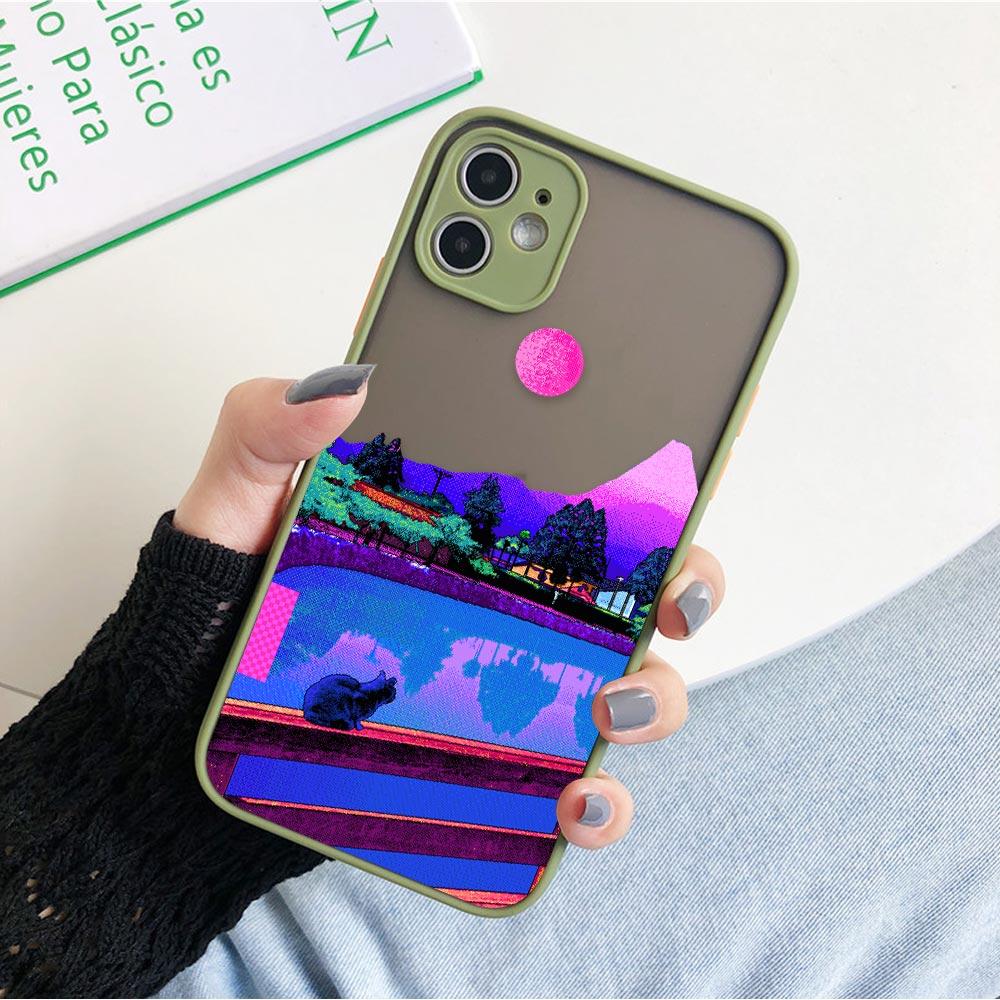 Matte Hülle für iPhone 11 12 13 14 Pm Pro Max XR X 8 7 Plus Pro XS Mini Skin Feeling Cover Japan Anime Handbemalte Hauslandschaft
