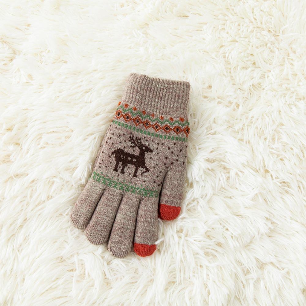 

Women s Winter Knitted Touchscreen Gloves - Thickened Fleece-Lined Warm Cute Reindeer Jacquard for Outdoor Cycling хаки