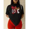Womens LOVE Red Lip Leopard Sequin Heart Tee Round Neck Short Sleeve Soft Casual Spring Summer Top