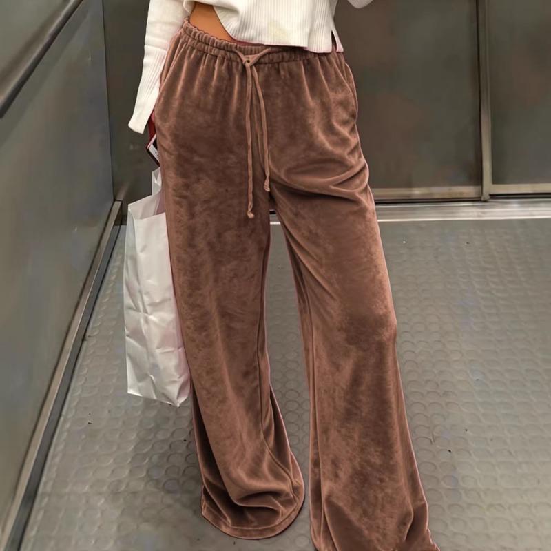 Damen Samt Freizeit Hose mit weitem Bein Kordelzug Taille Lounge Hose