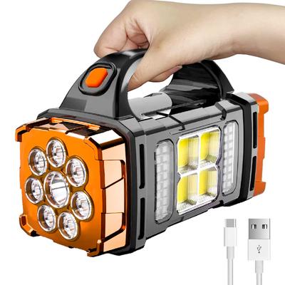 Two Side Solar Handheld Flashlight with COB Sidelight, High Bright 8 Modes Spotlight with USB Cable, Rechargeable Portable LED Searchlight
