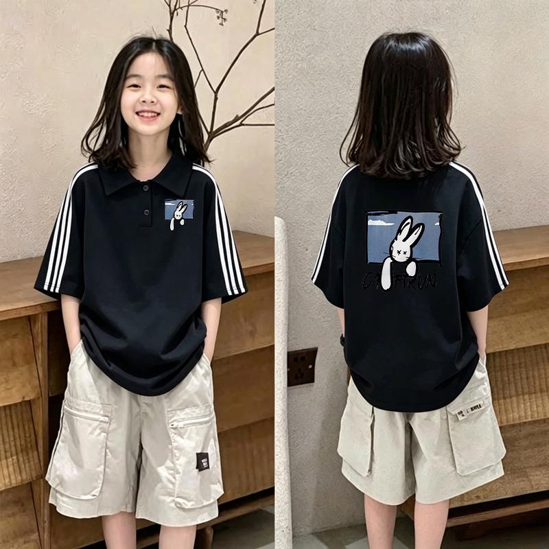 Girls' Stylish Color Block Polo T-Shirt - Summer Short-Sleeve, Loose Fit with Striped Lapel, Medium to Large Sizes
