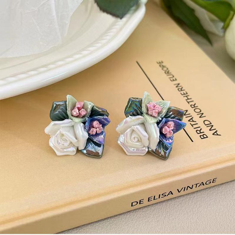 Elegant French Retro Rose Ceramic Sterling Silver Earrings