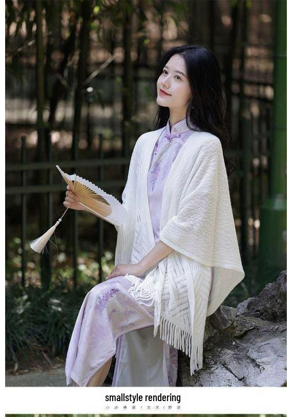Artistic Tassel Knit Qipao Cardigan Cloak: Versatile Solid Color Shawl Women’s Coat