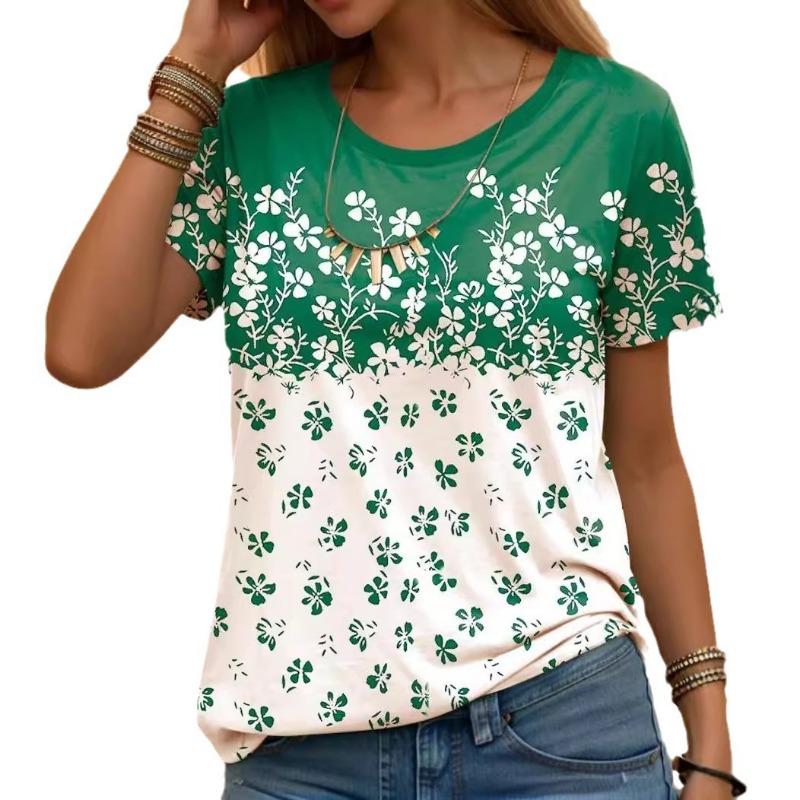 Summer Red White Printed Women's Commuting Round Neck Short Sleeved Shirt