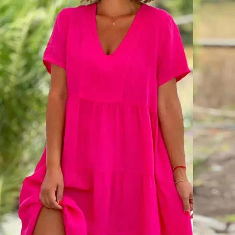 

2024 Sweet Solid Color Large Swing Casual Short Skirt Dress Rose Red XL