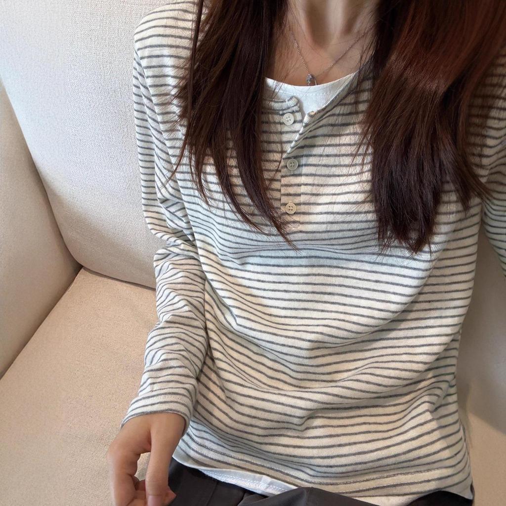Korean Retro Striped Two-Piece Shoulder T-Shirt - Women’s Early Autumn Loose Fit