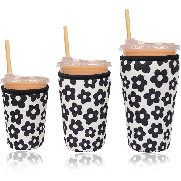 Reble Ulated Neoprene Iced Coffee Cup Sleeve, Durable Drink Sleeve for Cold Beverages, Beverage Holder for Iced Coffee, Floral Checkers