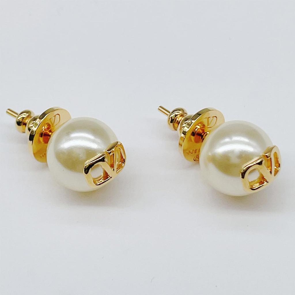 Valentino V Logo Signature Metal and Pearl Bead Stud Earrings in UXM Gold/Cream (5W2J0E35 0O3) [Used]