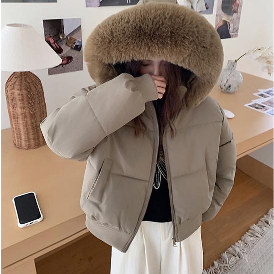 Autumn and Winter Hooded Fur Collar Women's Casual Cotton Jacket, Thick and Warm Short Bread Jacket
