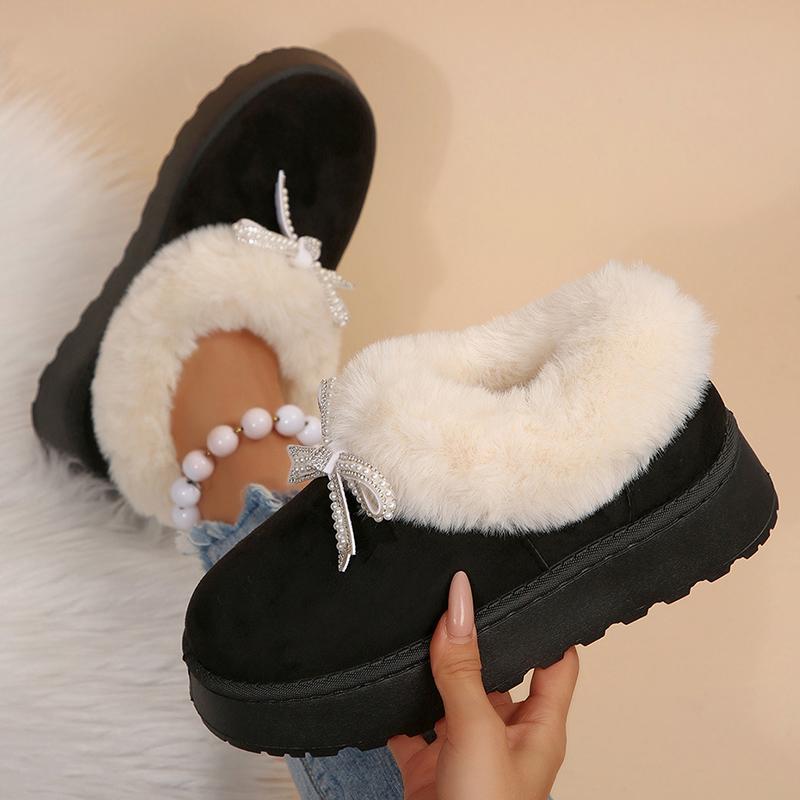 Crystal Bowknot Faux Fur Snow Boots Women Winter Warm Thicken Plush Platform Ankle Boots Woman Non Slip Thick Sole Cotton Shoes