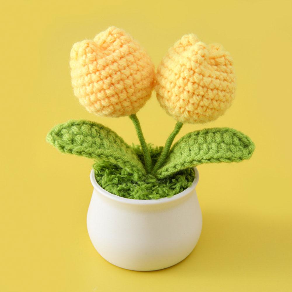 DIY Handwoven Mini Potted Flower Rose Tulip Daisy Office Desktop Ornamental Plant Woolen Thread Finished Product Home Decoration