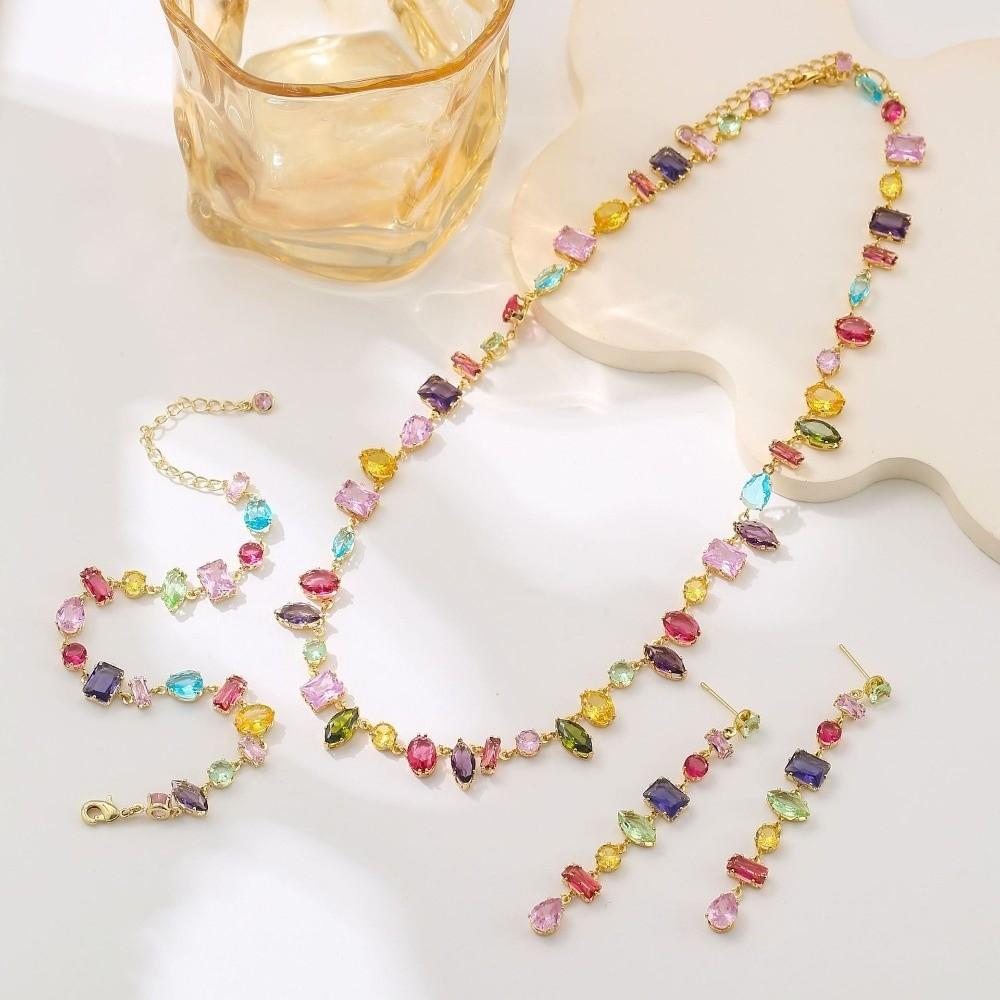 Colorful Zircon Necklace Bracelet Eariings Zircon Fashion Jewelry Accessory Evening Dinner