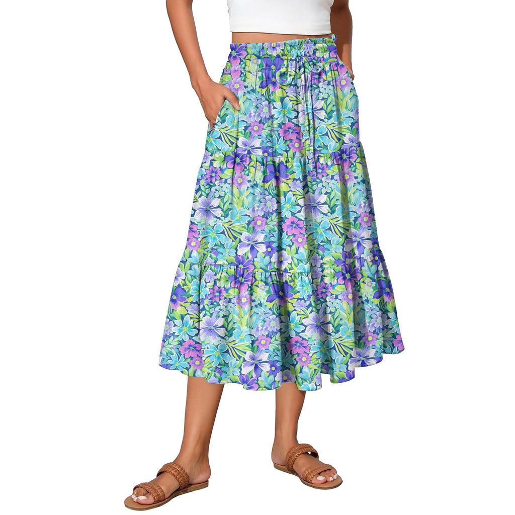 Gonna Maxi da Donna Coulisse Vita Alta Estiva Gonne Lunghe Leggere a Balze Fluide Floreali Plissettate
