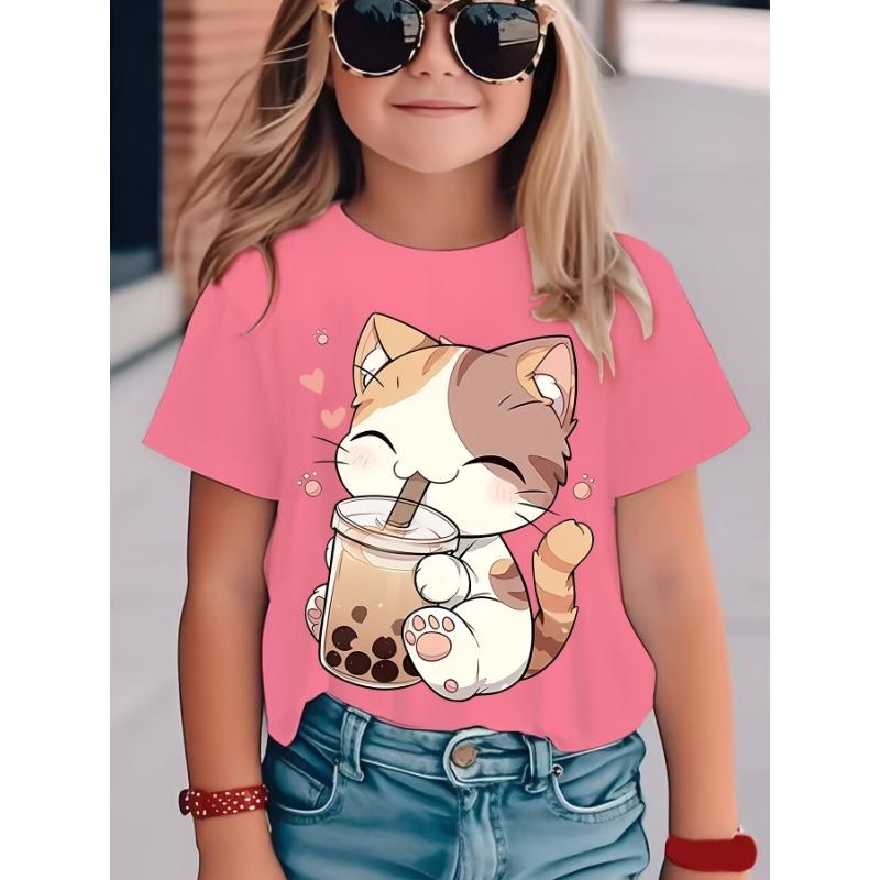 New Summer Girls Clothes Cartoon Cute Cat Graphic T Shirt Short Sleeve Tops for Girls 4 to 6 Years Casual Children's Clothing