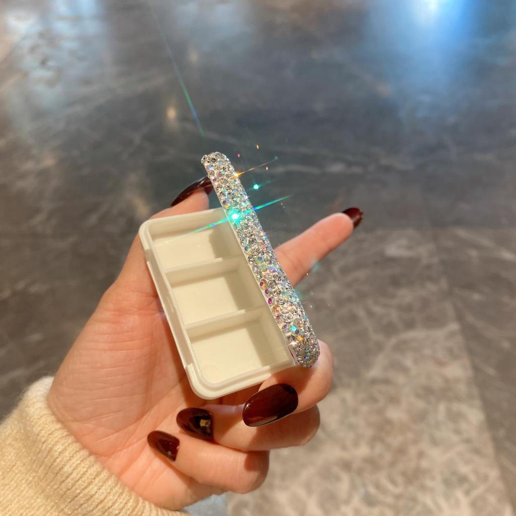 Portable Metal Pill Box with Inlaid Diamonds - Stylish and Popular Design