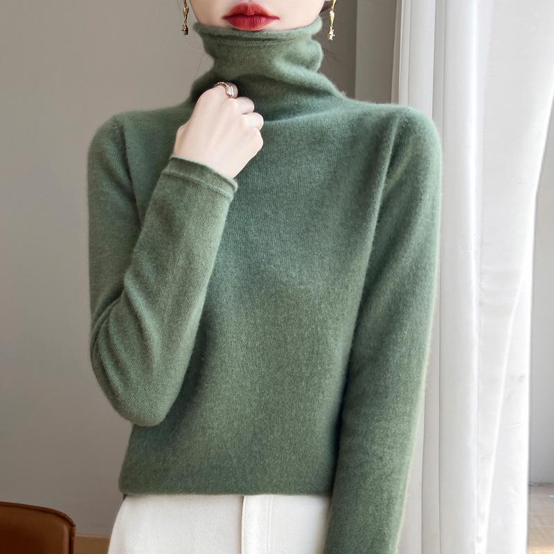 Women's 100% Pure Wool Turtleneck Sweater - Fashionable Autumn/Winter Knitted Cashmere Base Layer Top