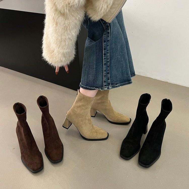 French Thick High Heel and Ankle Boots Martin Boots Women's Shoes New Autumn and Winter Short Tube Square Head Thin Elastic Boots
