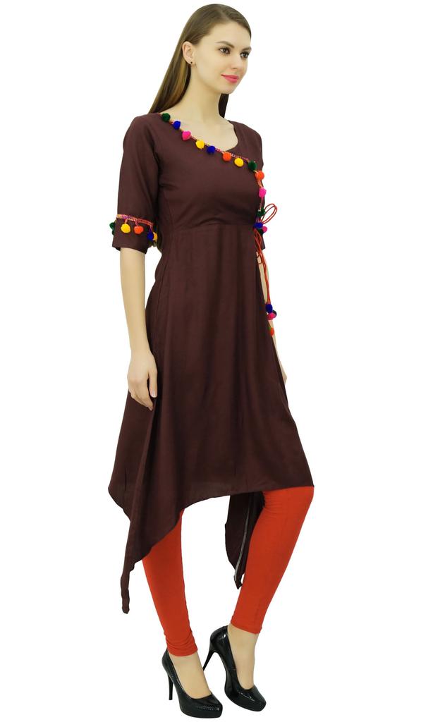 Phagun Angrakha Style Rayon Womens Tunic Kurta Pom-Pom Designer Kurti Top Indian