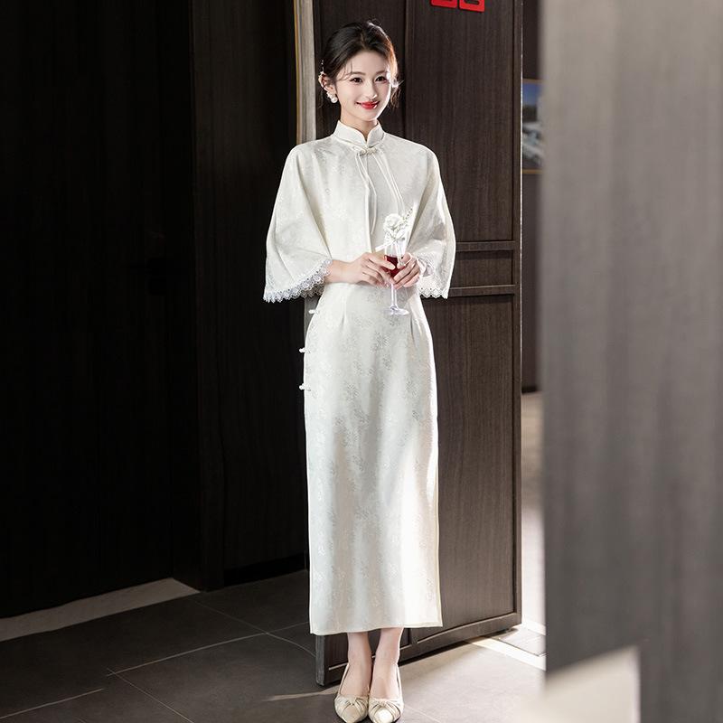 Si Teng White Lace Shawl Two-piece Set New Chinese Suzhou Autumn Cheongsam Improved Young Women's High-end Sense