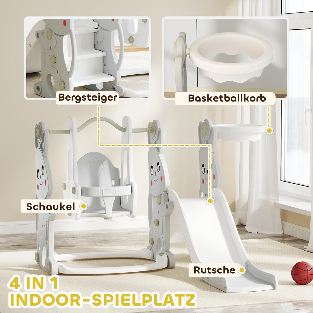 4-in-1 Playset for Toddlers. Slide. Swing. Climbing Frame. Basketball Hoop. Plastic. Rabbit Design. Grey.