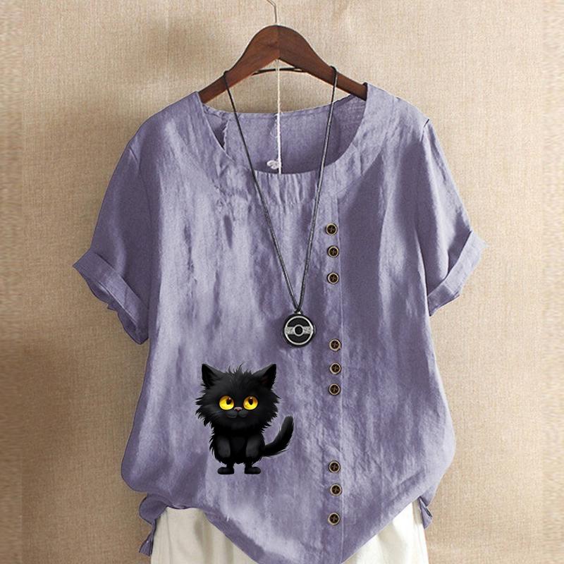 Damenmode, T-Shirt mit schwarzem Katzen-Print, kurzärmelig, lockeres Baumwollhemd, lässige Sommerbluse, Tops, Übergröße