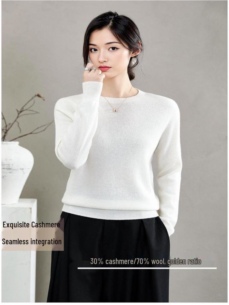 Women's Round Neck Cashmere Sweater: Autumn & Winter Versatile Long Sleeve Knit Top, Solid Color Fashion Basic.