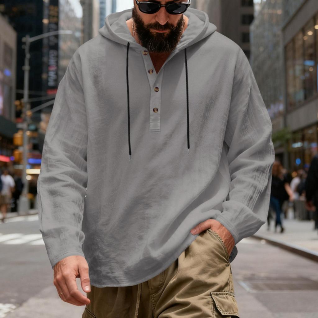 Herren Leinen Kapuzenpullover Leichtes Hawaiihemd Lässiges Strandhemd Mit Taschen