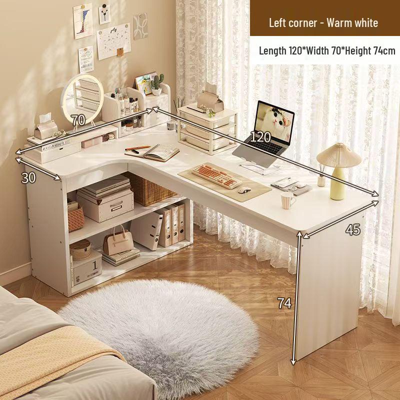 Compact Corner Computer Desk with Integrated Bookshelf & Vanity for Bedroom or Home Office