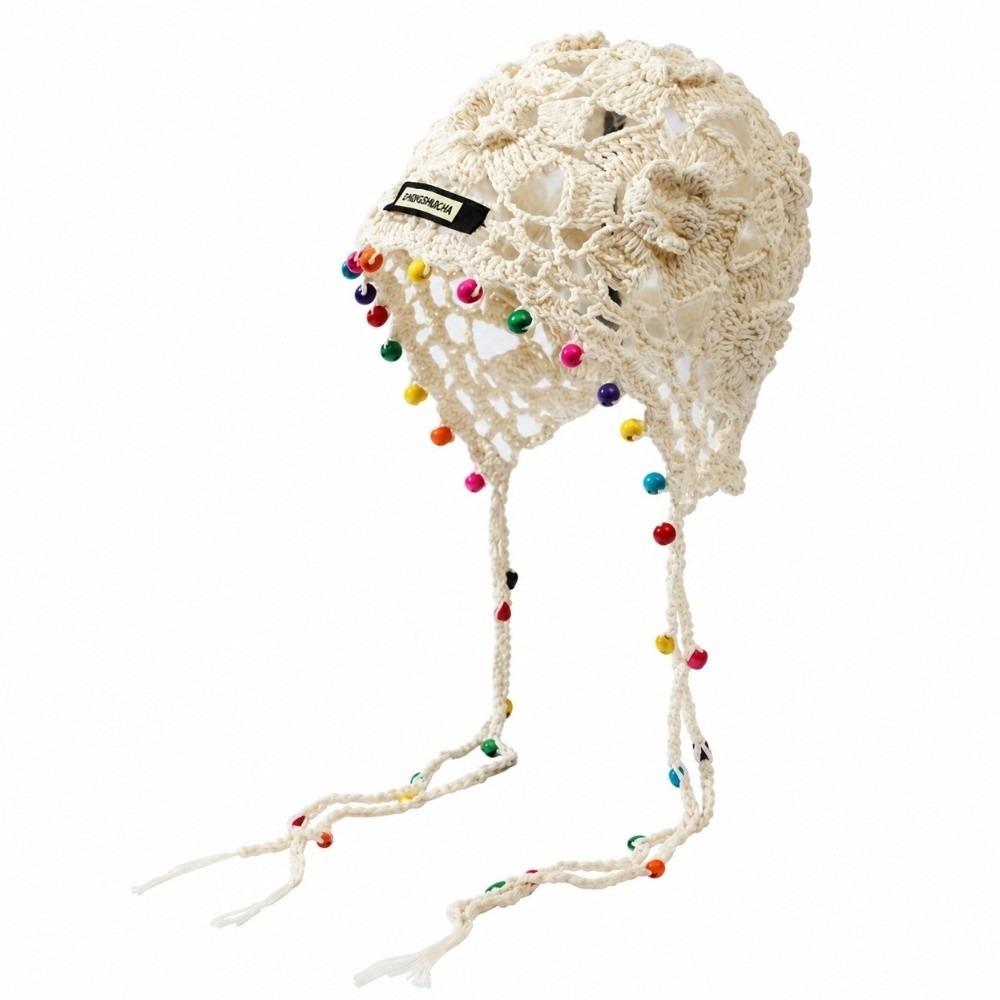 Openwork Crochet Knitted Beanie Color Bead Tassel Ethnic Beanie Crochet Headwrap Bohemian Styling