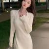 Design Senses Hanging Neck Slim Knitted Sweater Dress for Women Spring and Autumn 2023 New Waist Opening Long Dress Female Tops