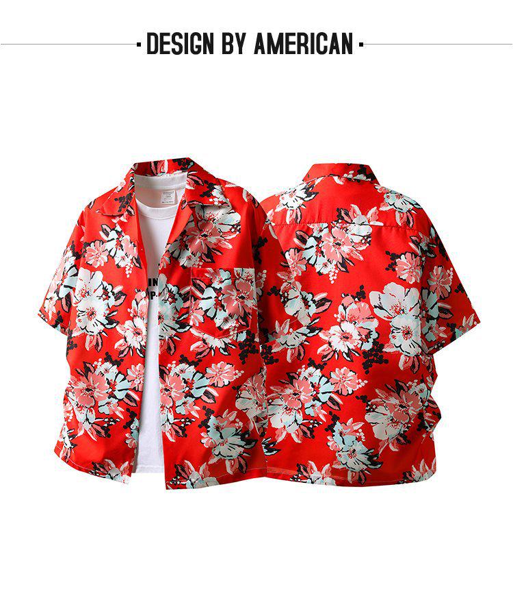 Retro Rotes Blumiges Kubanisches Kragen Kurzarm Urlaubshemd