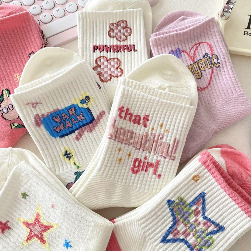 Buchstabenstern Kurze Socken Y2K Cartoon Mittelhohe Socken Elastisch Blumen Knöchelsocken Täglich